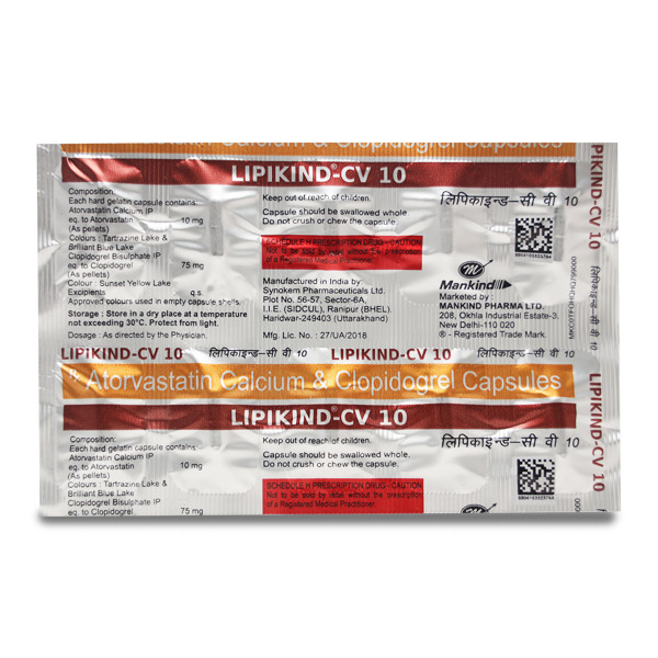 Lipikind CV 10 Capsule (Strip of 10) contains Atorvastatin 10mg, Clopidogrel 75mg