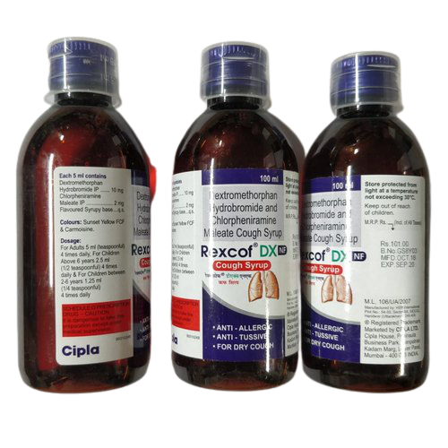 Rexcof DX NF Syrup 100ml contains Chlorpheniramine Maleate 2mg, Dextromethorphan Hydrobromide 10mg