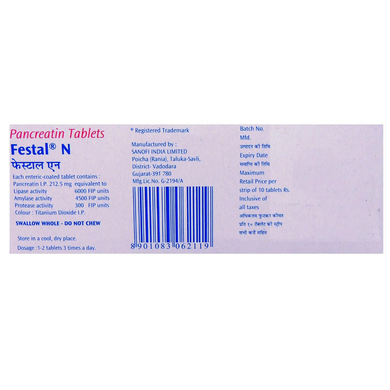 Festal N Tablet (Strip of 10) contains Pancreatin 212.5mg