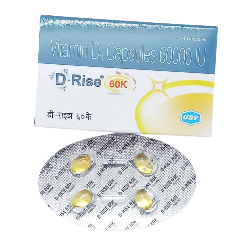 D-Rise 60K Capsule (Strip of 4) contains Cholecalciferol (Vitamin D3) 60000IU