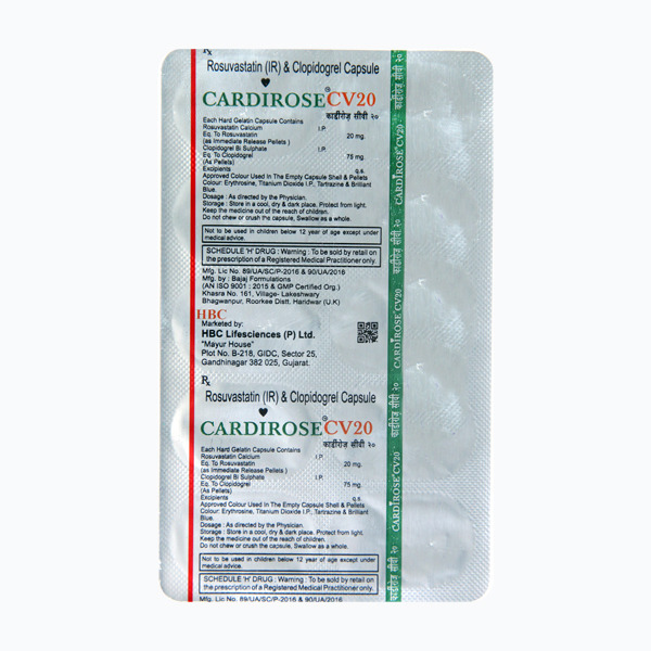 Cardirose CV 20 Capsule (Strip of 10) contains Rosuvastatin 20mg, Clopidogrel 75mg