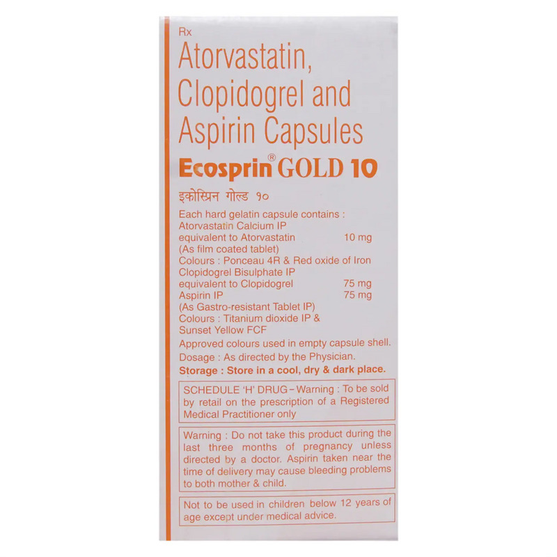 Ecosprin Gold 10 Capsule (Strip of 15) contains Aspirin 75mg, Atorvastatin 10mg, Clopidogrel 75mg