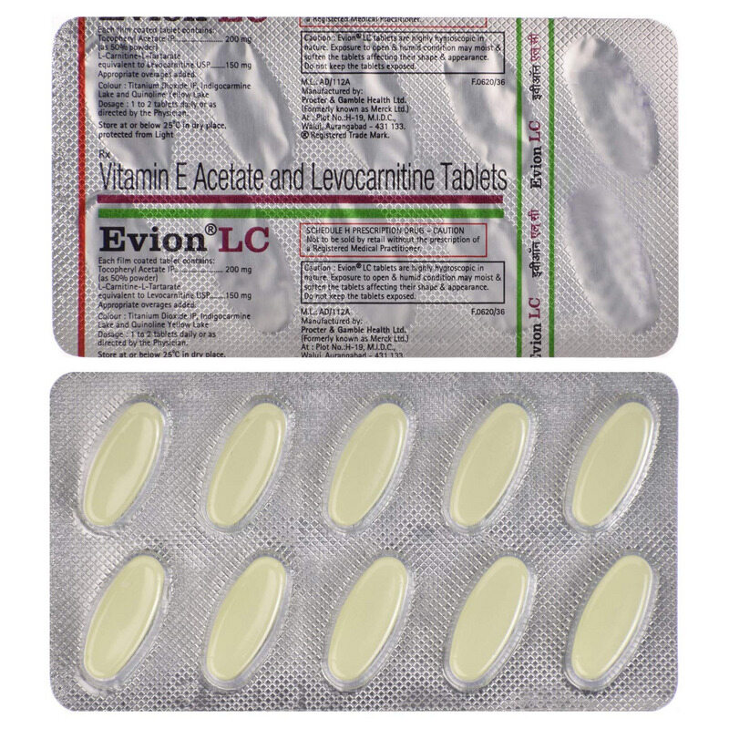 Evion LC Tablet (Strip of 10) contains Levo-carnitine 150mg, Tocopheryl (Vitamin E) 200mg
