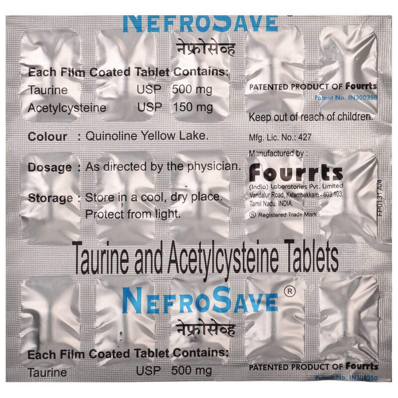Nefrosave Tablet (Strip of 15) contains Taurine 500mg, Acetylcysteine 150mg
