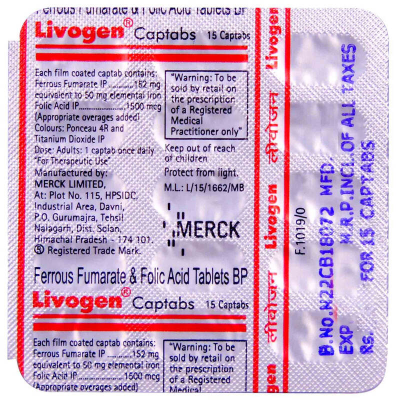 Livogen Captab (Strip of 15) contains Folic acid 1.5mg, Ferrous Fumarate 152mg