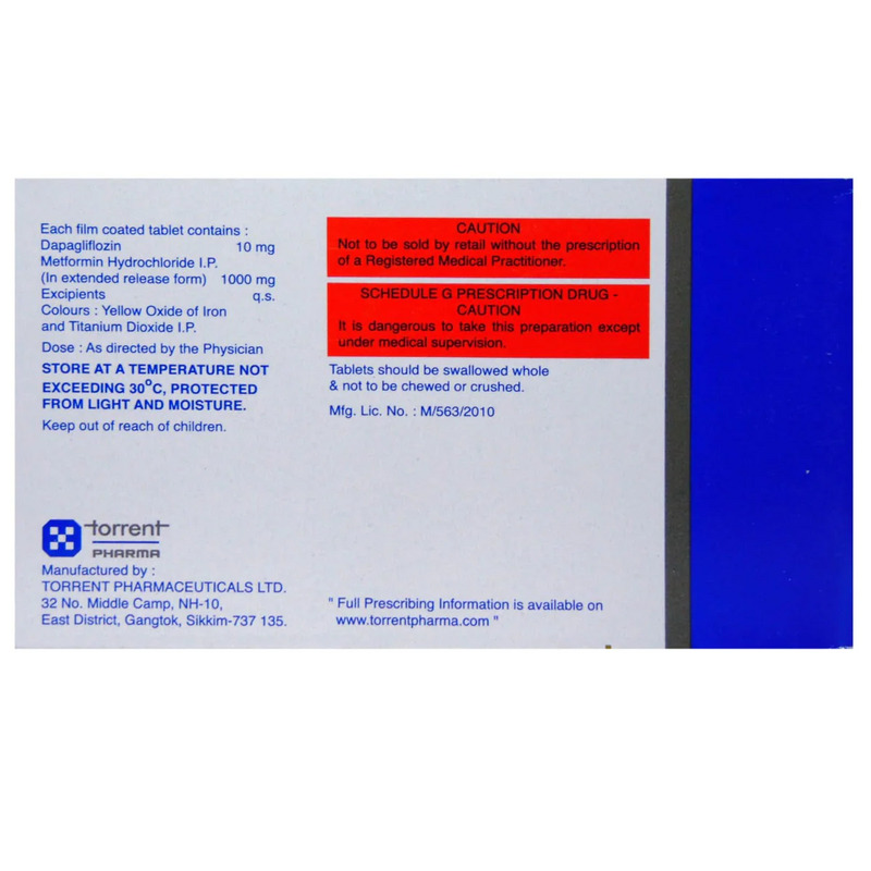 Glucreta M 10/1000 Tablet ER (Strip of 10) contains Dapagliflozin 10mg, Metformin 1000mg
