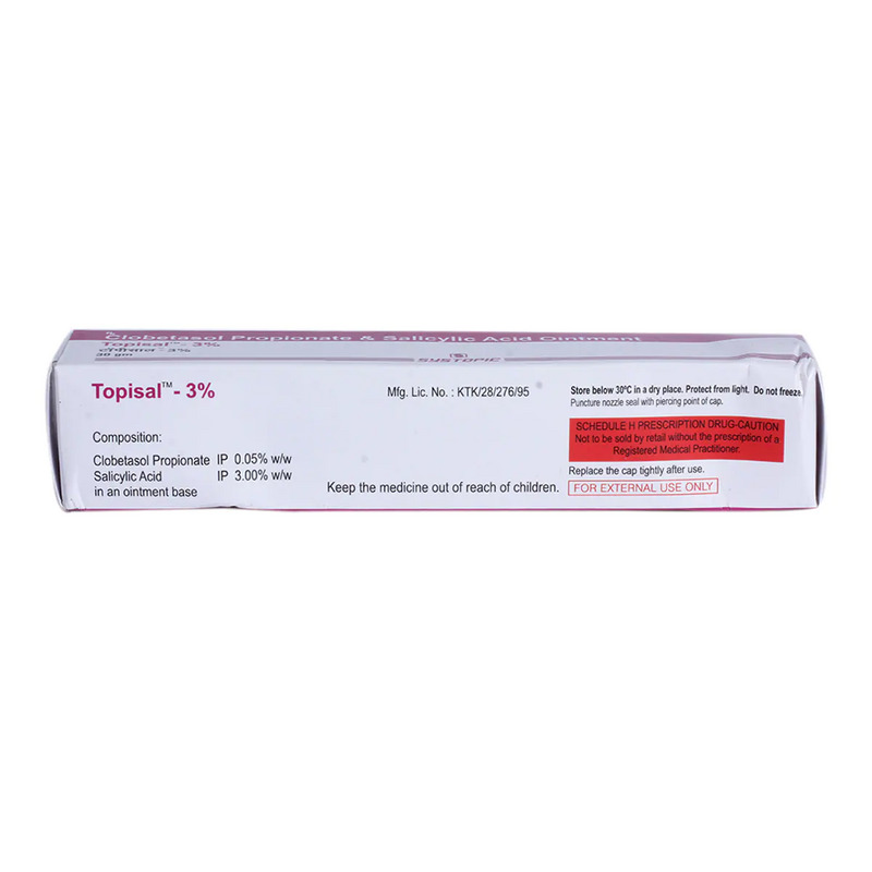 Topisal-3% Ointment 30g contains Clobetasol 0.05% w/w, Salicylic Acid 3% w/w