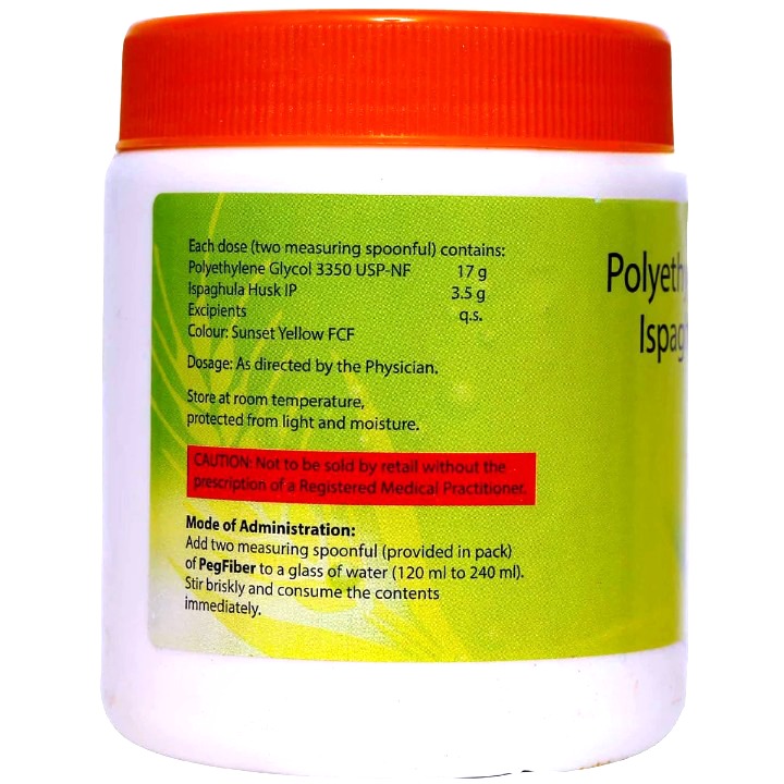 PegFiber Powder 154.812g contains Ispaghula Husk 3.5g, Polyethylene Glycol 17g
