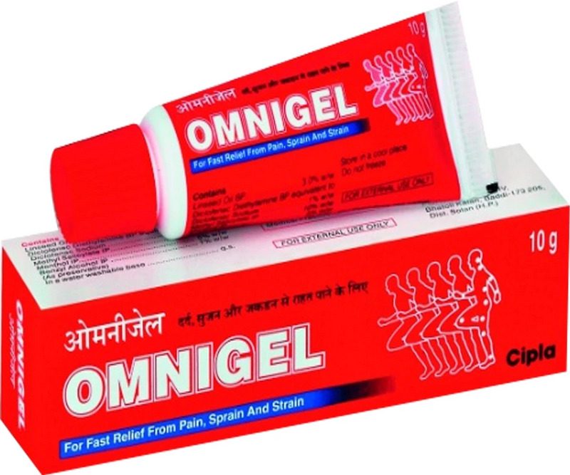 Omnigel 10g to relieve sprains, strains, or sports injuries