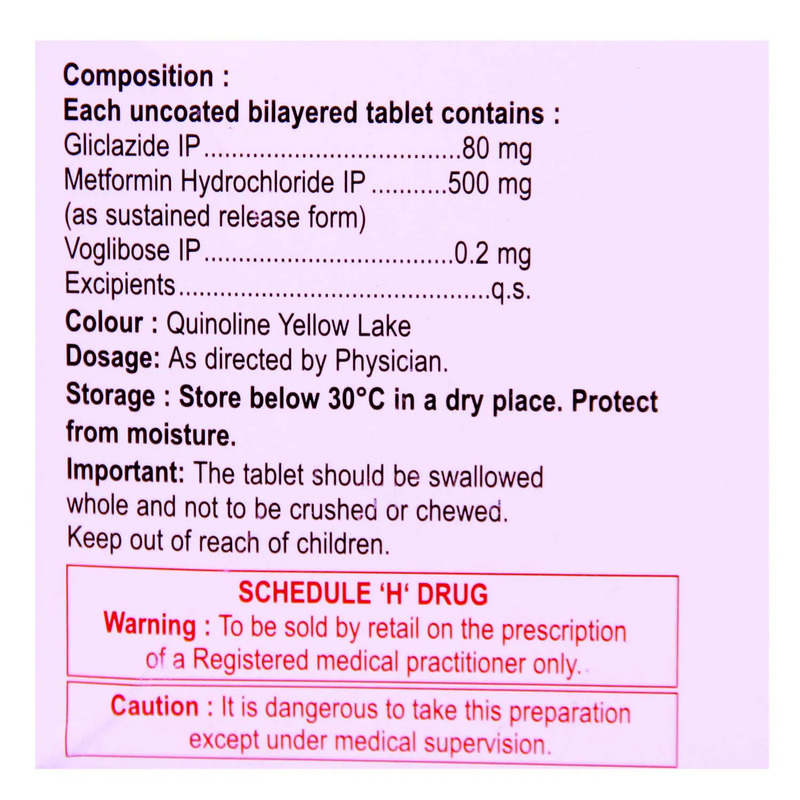Glizid-MV Tablet SR (Strip of 10) contains Gliclazide 80mg, Metformin 500mg, Voglibose 0.2mg