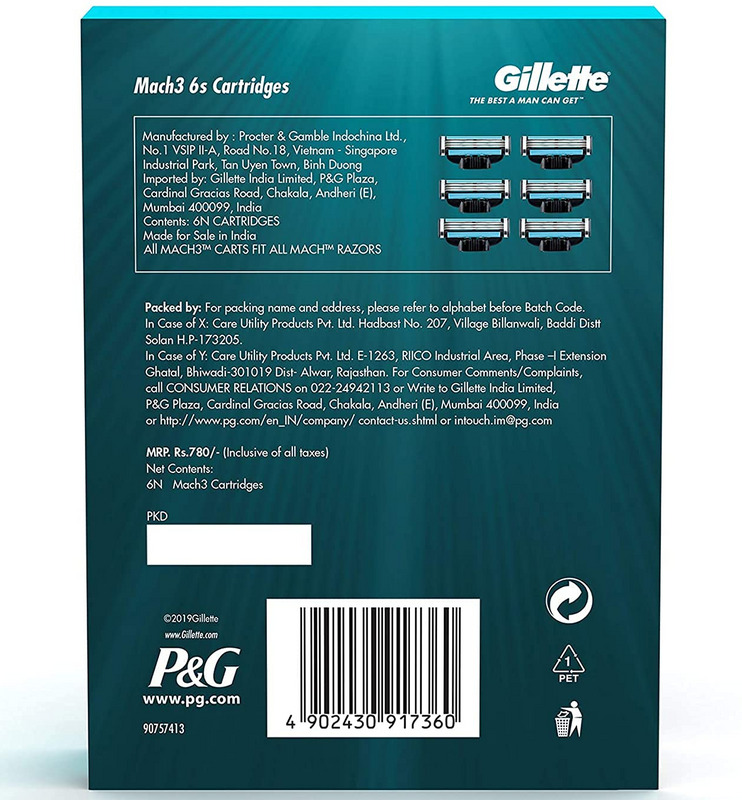 Gillette Mach3 Shaving Blade Cartridge (Pack of 6) has 5 microfin skin guards, Lubrastrip