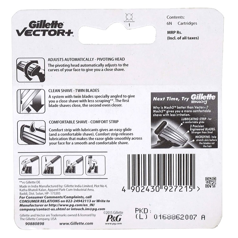 Gillette Vector Plus Razor Blade Cartridge (Pack of 6) has comfort strip with aloe for a clean shave