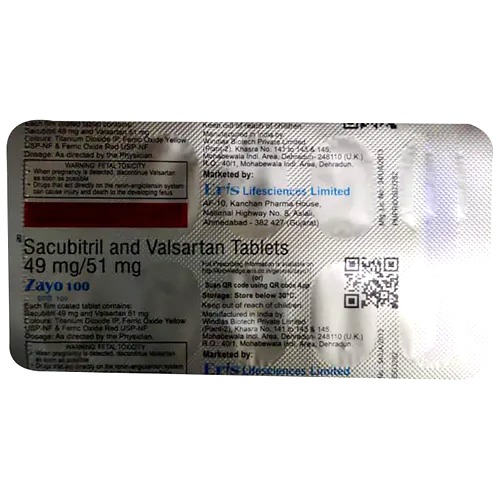 Zayo 100 Tablet 10's contains Sacubitril 49mg, Valsartan 51mg
