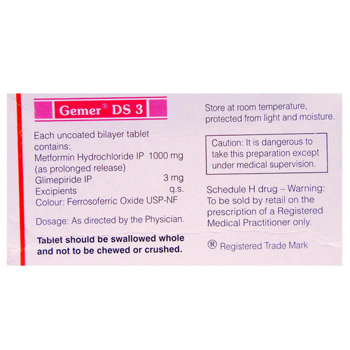 Gemer DS 3 Tablet 10's contains Glimepiride 3mg, Metformin 1000mg