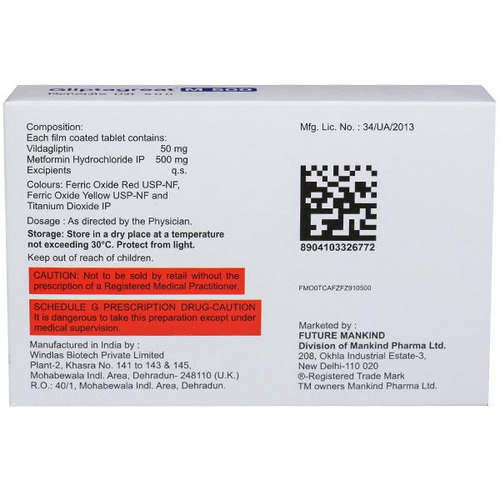 Gliptagreat M 500 Tablet 10's contains Vildagliptin 50mg, Metformin 500mg
