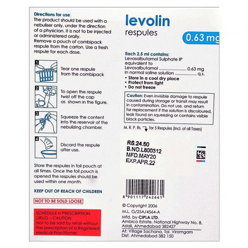 Levolin 0.63mg Respules 2.5ml contains Levosalbutamol 0.63mg