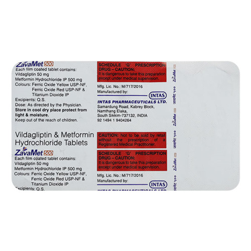 ZavaMet 50/500 Tablet 10's used for the treatment of type 2 diabetes mellitus