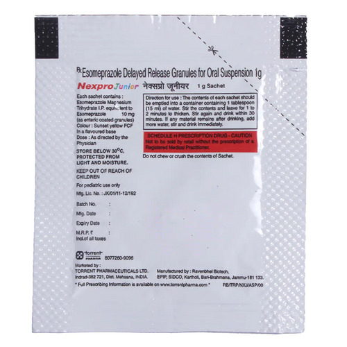 Nexpro Junior Sachet 1g contains Esomeprazole 10mg used to treat stomach ulcers