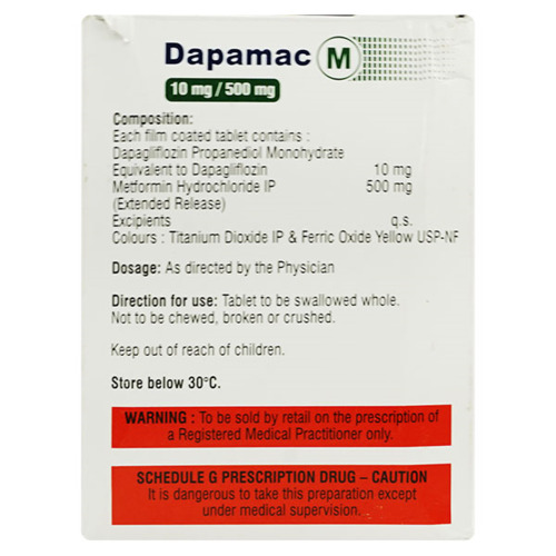 Dapamac M 10mg/500mg Tablet 15's used for the treatment of Type 2 diabetes mellitus