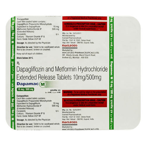 Dapamac M 10mg/500mg Tablet 15's contains Dapagliflozin 10mg, Metformin 500mg