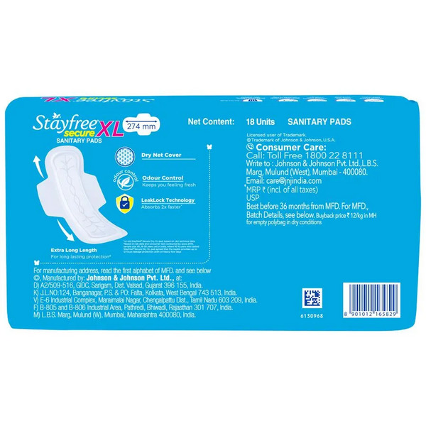 Stayfree Secure Dry Cover Wings Sanitary Pads XL 18's